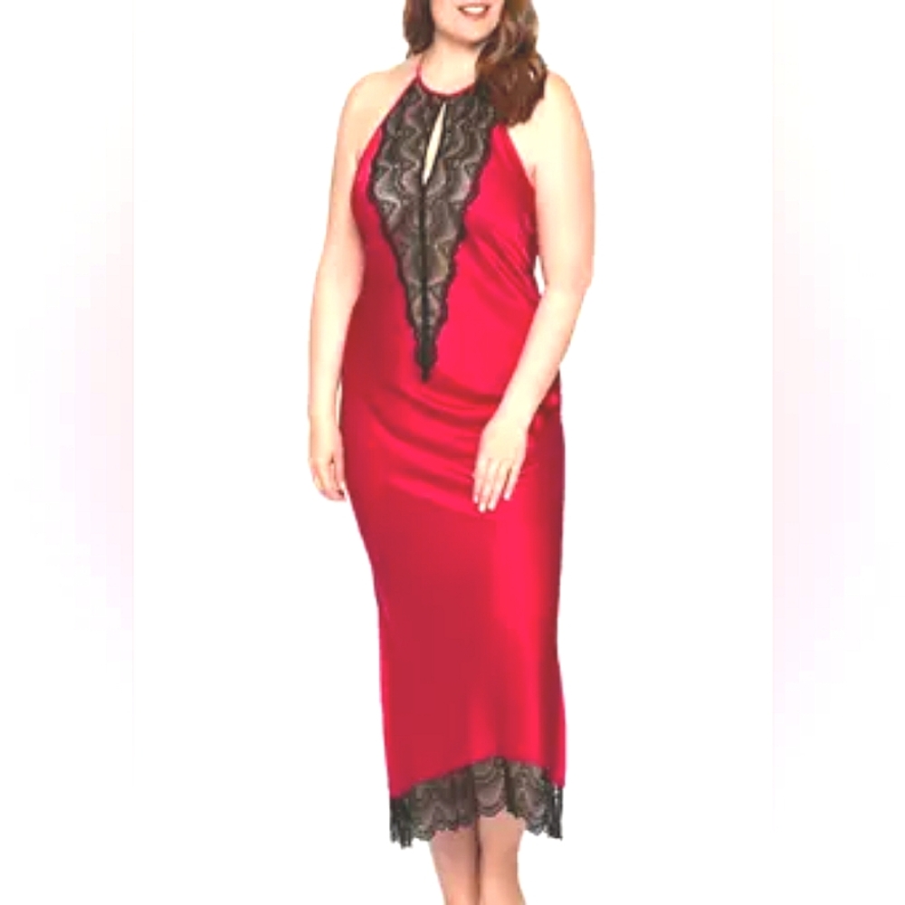 Tess Satin Lace Gown with Satin Robe  Red & Black with Tags